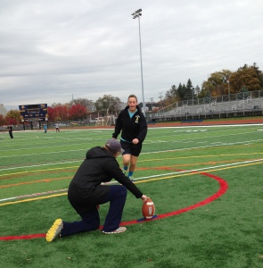Photo by Adam Morris '15. Katie Kish '15 practices her kicking skills 